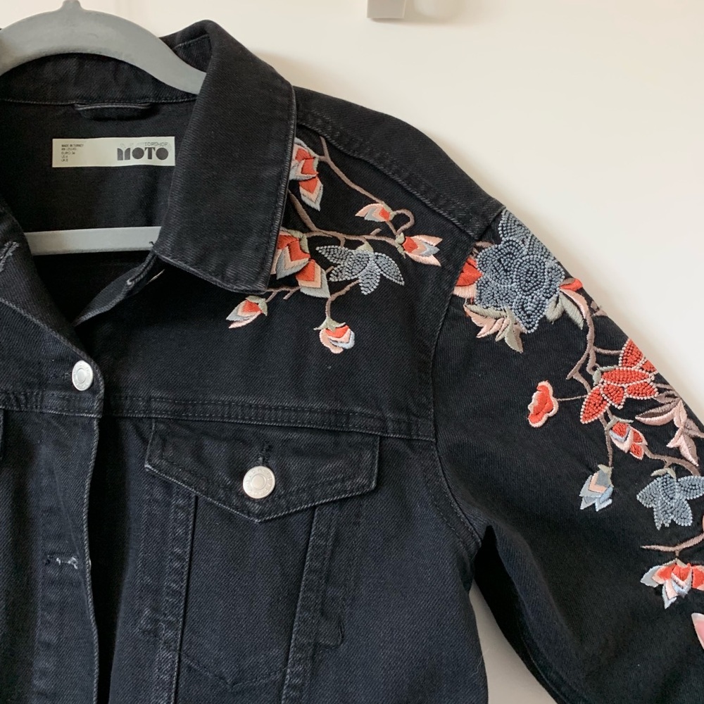 Topshop embroidered floral Moto jacket
